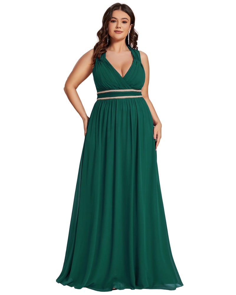 Front of a model wearing a size 14 V-Neck Sleeveless Beaded Belt Chiffon A-Line Evening Dress in Dark Green by Ever-Pretty. | dia_product_style_image_id:325233
